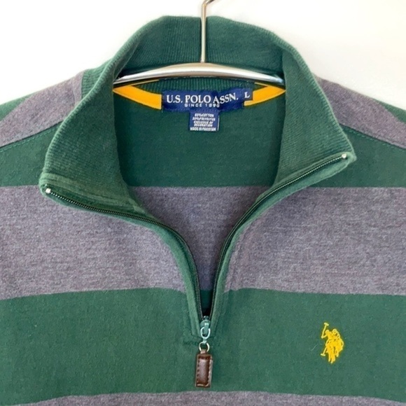 U. S. POLO ASSN. | Men’s Green & Gray Horizontal Striped Quarter Zip Long Sleeve - Picture 5 of 6